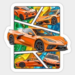 Multiple Angles of the Orange C8 Corvette Presented In A Bold Vibrant Panel Art Display Supercar Sports Car Racecar Amplify Orange Corvette C8 Sticker